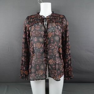 Mystree Womens Top‎ Medium Black Pink Floral Sheer Office Smocked Flowy Y2K
